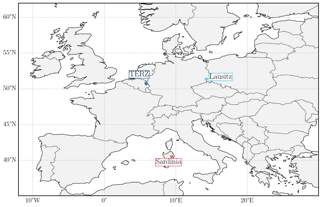 Top panel: locations of the different detector configurations on a map of Europe. Bottom panels: enlarged views of the three configurations, based on the coordinates listed in Tabs~\ref{tab:et_triangle_configurations} and~\ref{tab:et_l_configurations}.Black stars mark the borehole seismometers whose data enter the Newtonian-noise estimate (P2, TERZ, and DZA13), located approximately $1.5\,{\rm km}$, $0.4\,{\rm km}$, and $4.3\,{\rm km}$ from the nearest vertex of the corresponding triangular layout. The three bottom panels share the same scale, each spanning $30\,{\rm km}\times30\,{\rm km}$.