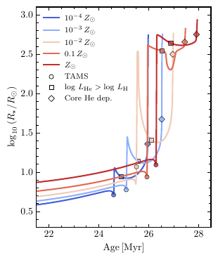The radial expansion of a $\simeq 10.2\Msun$ H-rich star at five representative metallicities. At lower metallicities, the star remains relatively compact during the Hertzsprung Gap (HG) phase, delaying significant expansion until advanced evolutionary stages. Consequently, donors in this regime are highly evolved at the onset of RLO. On the other hand, higher metallicity models experience rapid HG expansion immediately after terminal age main sequence (TAMS), allowing donors to initiate RLO early in their post-main-sequence evolution as well as during the more evolved giant branches.