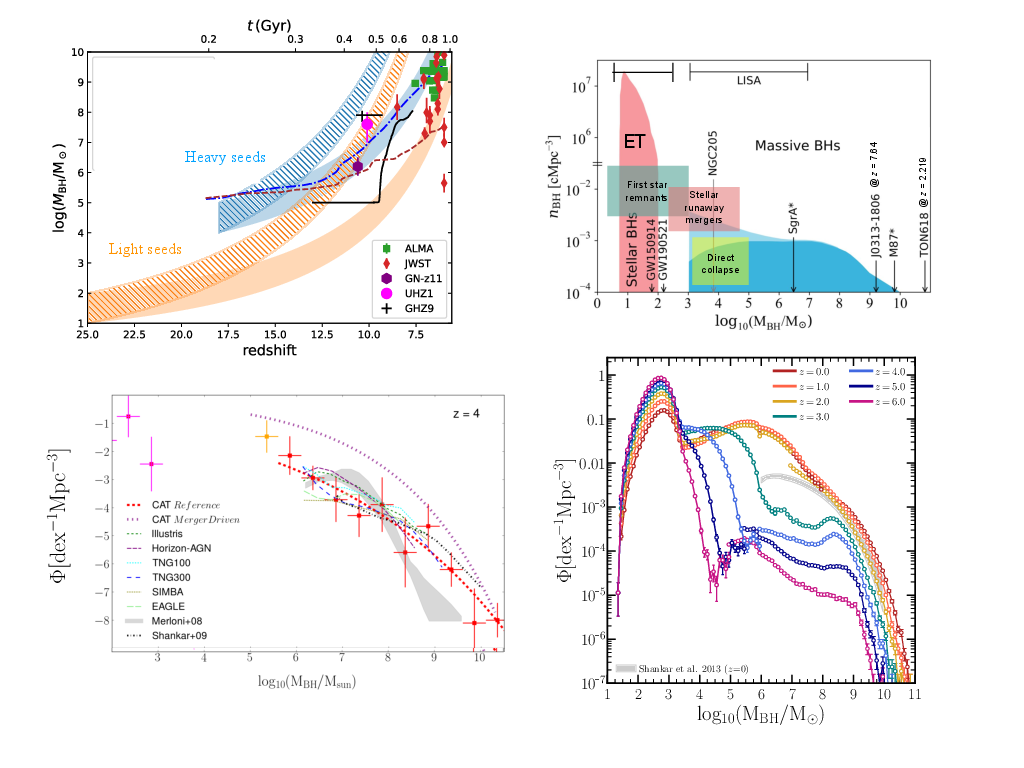 \small {{\bf Upper left panel}: Tracks of BH growth, for different initial {\it seed} masses assuming uninterrupted accretion at the Eddington rate and at rates twice above this limit. The different colored symbols labeled in the figure refer to $z>6$ observations of quasars by ALMA (green squares \cite{Neeleman:2019knu}) and JWST (red diamonds ~\cite{2024ApJ...966..176Y, 2024ApJ...964...90S, 2023ApJ...959...39H, Maiolino:2023bpi, 2023Natur.621...51D}), including the $z\sim 10$ massive black holes in UHZ$1$ (magenta circle \cite{Bogdan:2023ilu}), GHZ$9$ (black cross \cite{Kovacs:2024zfh}) and the candidate super-Eddington accreting black hole in GN$-$z$11$ (violet hexagon \cite{Maiolino:2023zdu}). Light seeds can explain these quasars if they accrete at a super-Eddington rate. Heavy seeds, forming at lower redshifts, do not necessarily need sustained super-Eddington accretion. There is a debate whether sustained accretion above the Eddington limit is likely in high-redshift galaxies~\cite{Pezzulli:2017ikf, 2019MNRAS.486.3892R, Trinca:2022txs, Massonneau:2022uwg, Lupi:2023oji, Greene:2024phl}. The black, blue and red tracks refer to state-of-the-art high-resolution cosmological zoom-in simulations~\cite{Lupi:2023oji, Lupi:2019jgo} where a $10^5\Msun$ black hole was implanted at $z=10$ and let evolve including accretion and feedback. {\bf Upper right panel}: Cartoon sketching the mass spectrum of black holes and the different formation paths. Arrows and labels indicate selected quasars, the Milky Way black hole, Sgr A$^*,$~\cite{Genzel:2010zy, EventHorizonTelescope:2022wkp} M$87$~\cite{EventHorizonTelescope:2019pgp}, and the post-merger mass of GW$150914$ and GW$190521$, the first and the most massive coalescence events detected to date by LVK, respectively~\cite{LIGOScientific:2016wkq, LIGOScientific:2020iuh}. Shown are the windows of exploration of ET and LISA. {\bf Lower left panel}: BH mass spectrum at $z=4$ from \cite{Trinca:2022txs} as inferred from a suite of semi-analytical models and numerical simulations to show the still large theoretical uncertainties in predicting BH evolution. Data points show the distribution of light (magenta) and heavy (red, orange) BH seeds, with the best fit for the distribution of heavy seeds in red and violet dotted lines, and the results from large-scale cosmological simulations: Illustris (dark green, cyan, and blue \cite{Sijacki:2014yfa, weinberger2017}), SIMBA (olive \cite{Dave:2019yyq}), and EAGLE (light green \cite{McAlpine:2018dua}). The observational constraints by \cite{Merloni:2008hx} and \cite{Shankar:2007zg} are shown in the grey shaded area and black dashed-dotted lines. {\bf Lower right panel}: evolution of the BH mass function from the semi-analytical model L-Galaxies \cite{Izquierdo-Villalba:2023ypb}. The figure shows how the intermediate-mass range is being progressively filled due to the growth of light seeds from population III relics (Courtesy of Izquierdo Villalba). }