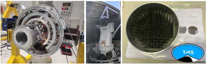 Left: Assembly of the TMS internal structure in the IAC integration clean room (June 2026). Center: TMS platform and supporting structure, installed at the Teide Observatory inside the TMS dome (November 2022). Right: TMS cold load (black-body internal calibrator), fabricated by INAF-OAS (Bologna, Italy).