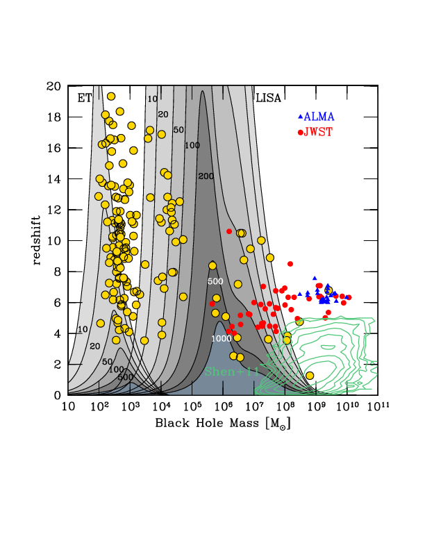The ET and LISA cosmic horizons. The figure shows contour lines of constant signal-to-noise ratio (SNR) in the plane redshift versus total mass of the black hole binaries, as measured in the source frame. Binaries have all mass ratio 0.5. Yellow dots denote loci of BH mergers extracted from the semi-analytical model of \cite{Valiante:2020zhj}, which tracks the evolution of light and heavy seeds forming in merging halos. Light seeds form at $z\sim 20-30$ as relics of population III stars in molecular cooling dark matter halos of $10^6\,\Msun$.  Heavy seeds form later ($z\sim 10-20$) in atomic cooling halos of $10^8\,\Msun$ under contrived conditions (see the review by \cite{Inayoshi:2019fun} and references therein). The bulk of the merging black holes in LISA come from the growing light seed population that ET can detect when seeds form in binaries. Red dots and blue triangles denote the quasars observed at $4 < z < 11$, from JWST \cite{2024ApJ...966..176Y, 2024ApJ...964...90S, 2023ApJ...959...39H, Maiolino:2023bpi, 2023Natur.621...51D} and ALMA\cite{Neeleman:2019knu}, respectively. Green contour lines depicting the vast population of AGN are from \cite{Shen:2010aa}.