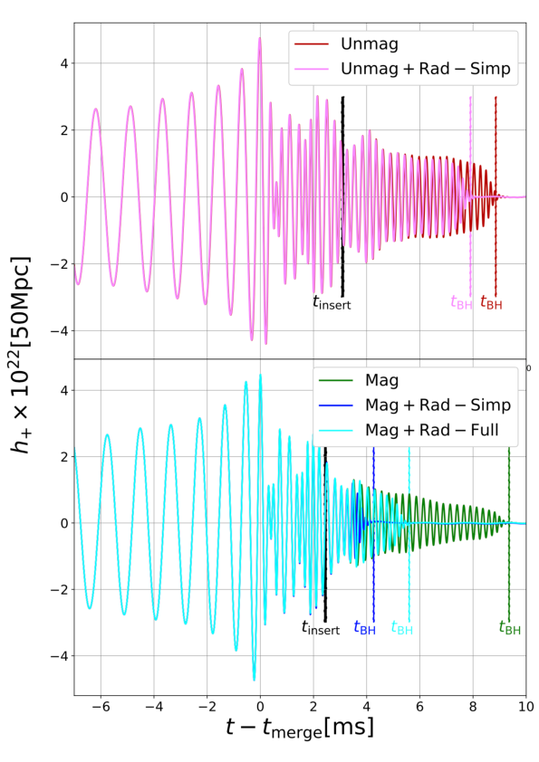 Influence of magnetic field and neutrino emission in the post-merger phase of a specific BNS simulation. Vertical lines mark the neutrino insertion (Mag + Rad cases), and BH formation. Figure from \cite{2022PhRvD.105j4028S}.