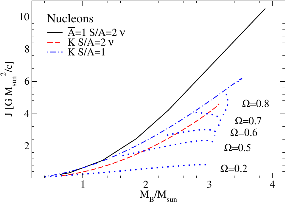 In the left panel we report the remnants evolution in the plane ($M_B-M_G$) in the case of pure nucleonic matter. The black solid line show the sequence of differentially rotating stars considering a rotational profile with $\overline{A}=1$, $S/A=2$ and $\nu$-trapped. The red dashed line is the sequence of rigid rotating stars at mass-shed limit with $S/A=2$ and $\nu$-trapped. The blue dot-dashed line is the sequence of rigid rotating stars at mass shed limit with $S/A=1$ and $\nu$-free matter. The green dotted line stands for the sequence of cold nonrotating neutron stars. In the right panel we show the angular momentum $J$ in units of $G M_\odot^2/c$ corresponding to the same equilibrium sequences reported in the left panel. The blue dotted lines are sequences of rigidly rotating stars with angular velocity $\Omega<\Omega_K$. Note $\Omega$ is reported in units of $10^{4} \frac{\rm rad}{\rm s}$. The black and red asterisks mark the gravitational mass of the two BNSM events GW170817 and GW190425 respectively. Note that the resulting baryonic mass is a prediction of our model.