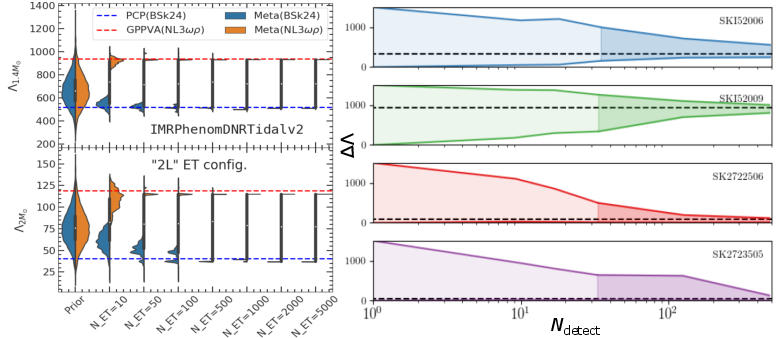 Left panel: Increased precision obtained from multiple ET detections of the tidal deformability for a 1.4$M_{\odot}$ and 2.0$M_{\odot}$ NS using a nucleonic meta-modeling technique (violin shapes); for comparison the prediction of two selected EoSs is shown with horizontal lines. Right panel: Reduction in the uncertainty on the tidal deformability with increasing number of detection. Figures adapted from ref.~\cite{Iacovelli:2023nbv} (left) and ref.~\cite{Landry:2022rxu} (right panel).