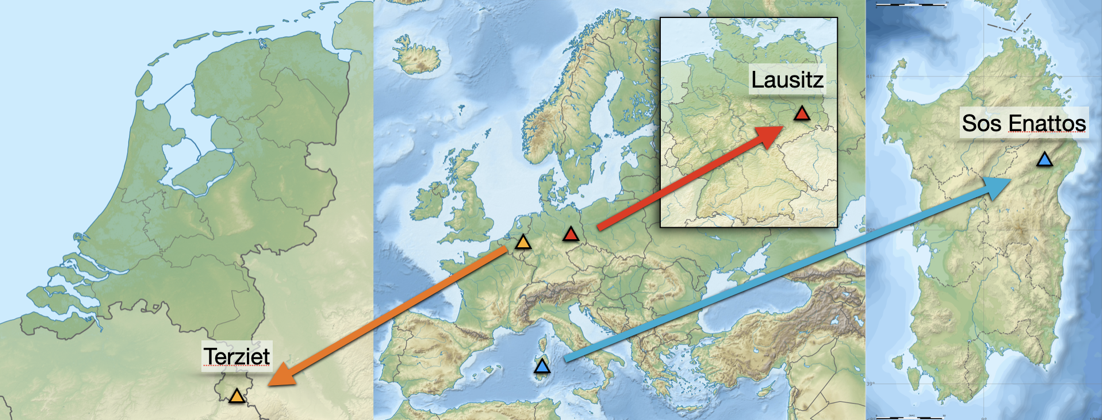 Map of Europe showing the locations of the official ET candidate sites. The village of Terziet in the Netherlands is usually taken as a reference for the EMR candidate site; the Sos Enattos mine is taken as a reference for the Sardinia site. In this work, we consider the Sardinia site. The maps are taken from \cite{sardiniamap, netherlandsmap, europemap} and modified according to the creative commons license 3.0. The orientation of the triangle icons is not representative of the actual proposed orientations for the ET detector at each site.
