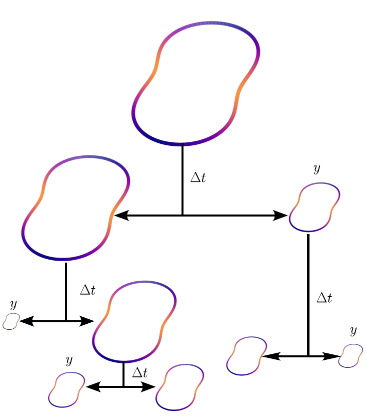 Schematic view of a loop fragmentation cascade. From an initial loop, we draw its lifetime $\Delta t$ randomly and fragment it into two children loops. The sizes of the children loops are also drawn randomly from the loop fragmentation function $\lff(y, \ell- y; \ell)$.